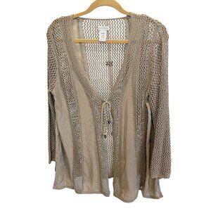 Y2K Fairy Grunge Tan Crochet Open Knit Tie Front Cardigan Boho Indie Size Medium
